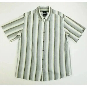 Prana Size Large Mens Olive Green White Gray Stripe Sleeve Logo Tag Short Sleeve